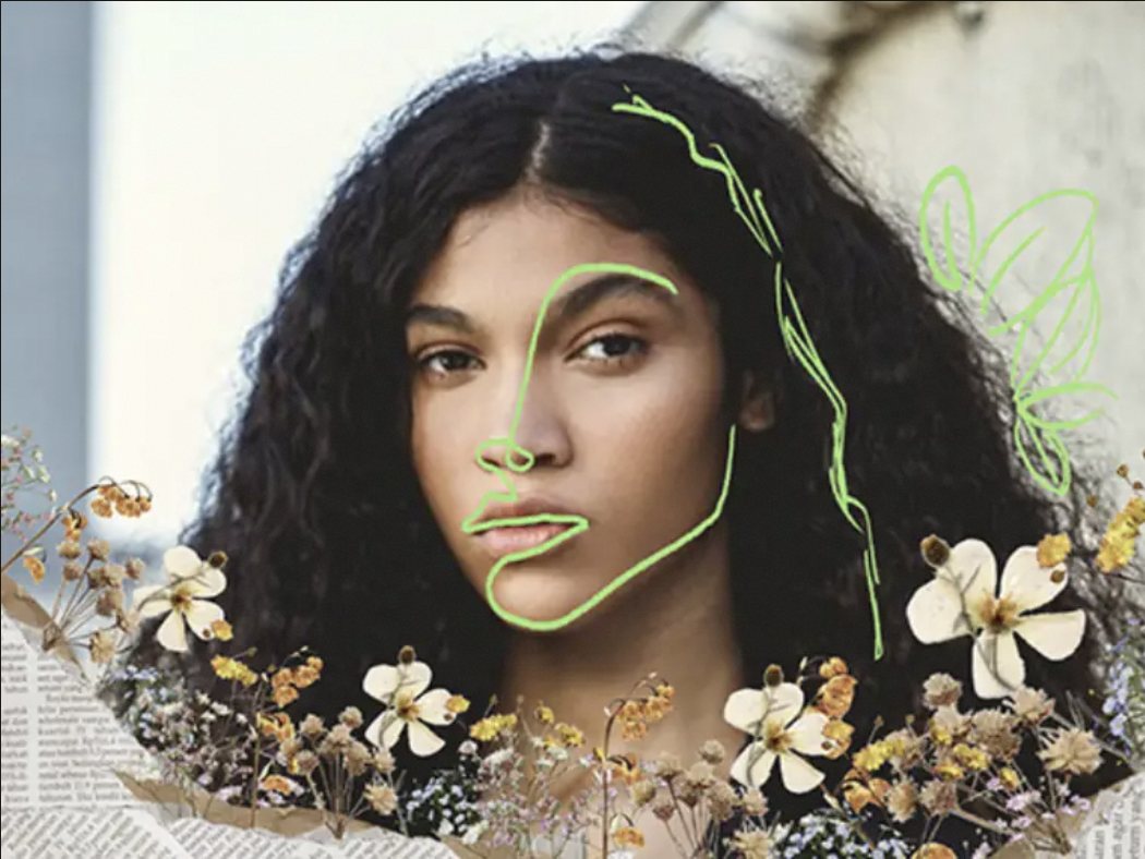 Collage of a portrait with green line drawing and pressed flowers