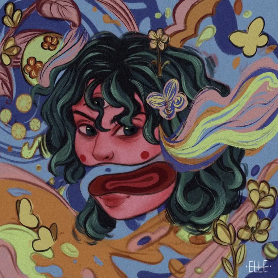 Digital illustration of a woman with green curly hair surrounded by flowers and swirls of color