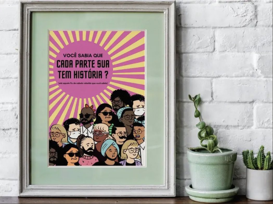 Framed campaign poster with illustrated faces under a pink and yellow sun